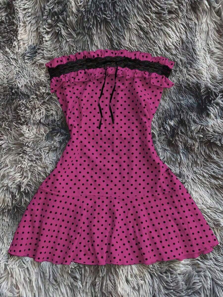 Vestido mini sin tirantes con estampado de lunares de color contrastante para mujer - Rojo violeta - Ver 1