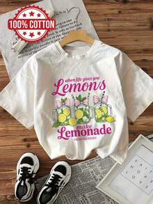 Camiseta de cuello redondo para mujer, camiseta casual para mujer con estampado When Life Gives You Lemons, Make Lemonade -% ligera y transpirable, camiseta de verano holgada con cuello redondo y manga corta para salidas casuales, deportes, vacaciones, camiseta de uso diario, eslogan divertido, material suave, camiseta con eslogan, estilo relajado. - [Blanco] - Ver 1