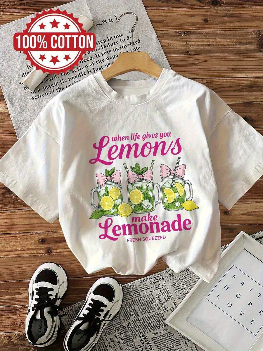Camiseta de cuello redondo para mujer, camiseta casual para mujer con estampado When Life Gives You Lemons, Make Lemonade -% ligera y transpirable, camiseta de verano holgada con cuello redondo y manga corta para salidas casuales, deportes, vacaciones, camiseta de uso diario, eslogan divertido, material suave, camiseta con eslogan, estilo relajado. - [Blanco] - Ver 1