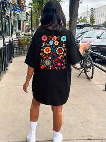 Plus Size Short-Sleeved T-Shirt With Round Neck, Dropped Shoulders And  Face Print - 黑色 - 查看 3