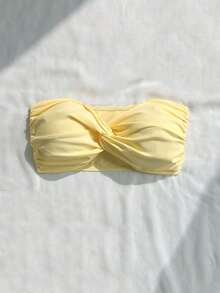 Top de bikini bandeau de un solo color con efecto retorcido - Beis - Ver 5
