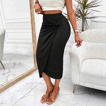 Falda Midi negra elegante con nudo torcido para mujer, faldas de tubo ajustadas con pliegues y cintura alta, faldas informales para fiesta de oficina y verano - PD2406181 - Ver 3