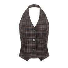Cárdigan Vintage con estampado a cuadros, Tops cortos informales con cuello en V y botones, camisetas sin mangas con espalda descubierta, ropa de calle de moda, chaleco - Marrón - Ver 1