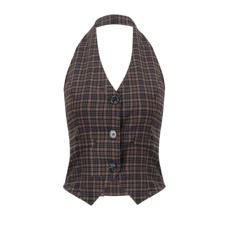 Cárdigan Vintage con estampado a cuadros, Tops cortos informales con cuello en V y botones, camisetas sin mangas con espalda descubierta, ropa de calle de moda, chaleco - Marrón - Ver 1