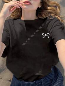 Plus Size Women's Short-Sleeved, Round-Neck T-Shirt, Made Of Regular-Length Knit Fabric, With A Butterfly Print, Dropped Shoulders, And A Casual Semi-Sheer Design For Summer In Black. - 黑色 - 查看 5