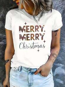 Women's Casual Christmas T-Shirt, Short Sleeve, 1 Piece, 100% Heavy Cotton - Comfortable Round Neck, Soft And Adorable Loose And Comfortable T-Shirts - 白色的 - 查看 2