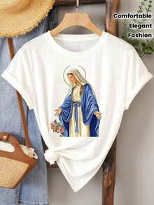 Camiseta de mujer con estampado de imagen de la Virgen María de Pascua y rosas rosadas, estilo deportivo casual de moda y elegante para primavera, verano y otoño, suave y cómoda, de cuello redondo y manga corta, disponible en tallas S-XXXLPure-Cotton - Blanco - Ver 7