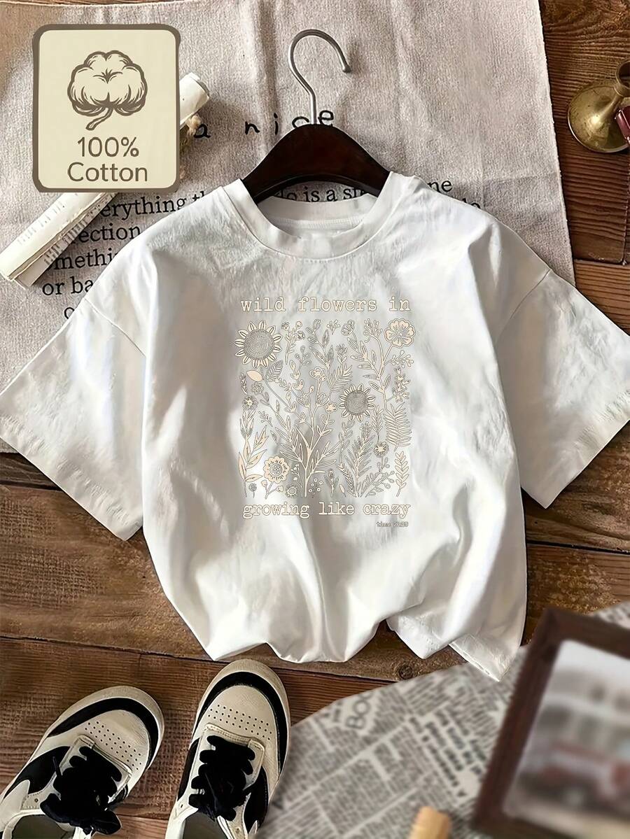 Limited EditionPlus Size, Wild Flowers, Growing Plus-size Women's Printed Casual Round-neck Short-sleeved TopLightweight Cotton - Blanco - Ver 1