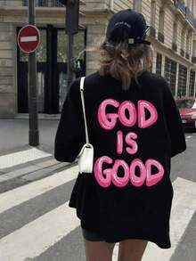 Mexican Basic Casual Short Sleeve Crew Neck T-Shirt With "God Is Good" Graphic Print, Comfortable Plus Size Crew Neck T-Shirt For Women, Spring And Summer, Black, New Launch - 黑色 - 查看 6