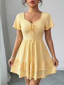 Vestido mini con volantes en la cintura y el bajo, de manga corta y corte evasé, lindo y encantador para mujeres - Amarillo - Ver 8