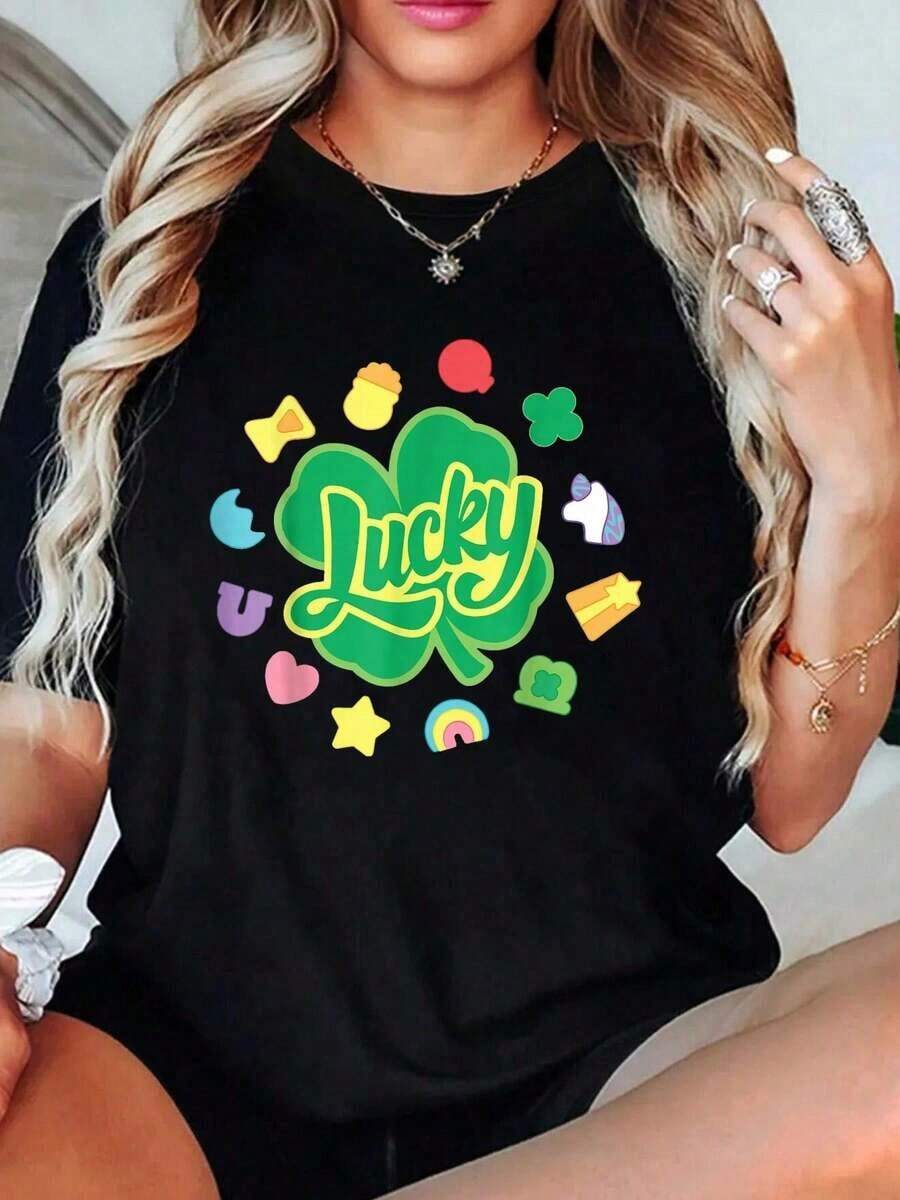 100% Cotton Women's Cotton T-Shirt, St. Patrick's Day Lucky Charm T-Shirt, Toddler T-Shirt, Cute Women's T-Shirts - 黑色 - 查看 1
