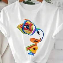Women's Colorful Abstract Face Print Crew Neck T-Shirt, Casual And Fashionable Short Sleeve T-Shirt For Everyday Wear, Summer Clothes For Women - 白色 - 查看 5