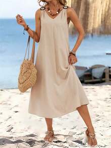 Vestido largo de verano de mujer con cuello en V sin mangas y hebilla circular de unicolor, vestido casual de verano, vestido de playa casual, vestidos de verano para mujer, atuendos de verano para mujer, vestidos casuales para mujer, vestidos de - Caqui - Ver 3