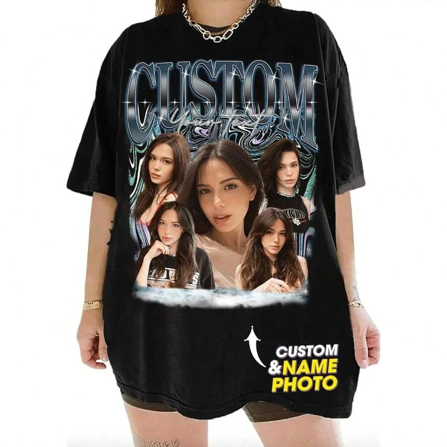 Camiseta/Sudadera Retro Vintage de los 90 con 6 Caras de Novia Personalizadas, Camiseta con Cara para Regalo de Cumpleaños a Novio, Ropa de Mujer Personalizada - Negro - Ver 1