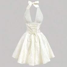 MOD Women's Apricot Mini Dress With Bowknot Design,Ivory White Halter Mini Dress Wedding Guest Party, Jacquard Lace Fabric, Old Money Style, Sleeveless Fit And Flare Dress, Elegant Bridal Shower Dress For Cocktail Party, Engagement, Reception, Holiday Gathering, Formal Summer Event - Negro - Ver 3
