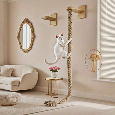 1 trụ cào móng bằng gỗ cho mèo, làm từ dây thừng sisal nguyên khối, chất liệu tự nhiên, tiết kiệm không gian, dày dặn, chống mài mòn, móc đồ chơi cho mèo, chất liệu gỗ và sisal, đồ dùng cho thú cưng trong nhà, dây cào móng treo tường, khung leo trèo cho mèo, bảng cào móng, thích hợp sử dụng trong nhà.