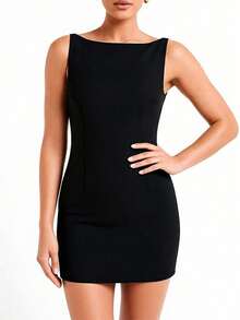 Vestido corto francés primavera 2026, ajustado elegante color liso - Negro - Ver 2