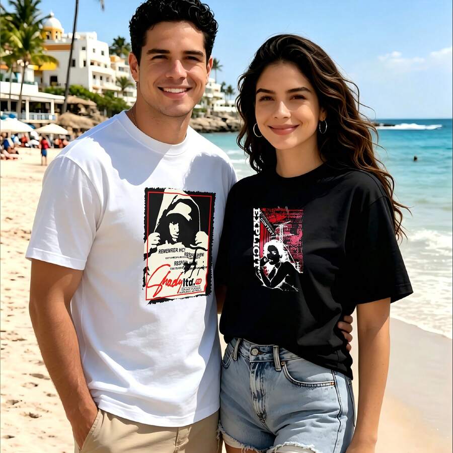 2-Piece Couple Matching Pattern T-Shirt, 100% Cotton, Loose Fit, Soft And Breathable, Casual Round Neck Short Sleeved Top Las Vegas Cocktail Scene Aperol Spritz Drink Design Versatile Patterns No Picky Combinations Coordinated Dating Casual Travel Simple And Cartoonish Printing Styles High - 白色 - 查看 1