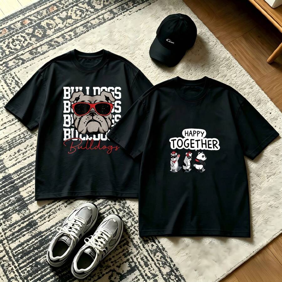 2-Piece Couple Matching Pattern T-Shirt, 100% Cotton, Loose Fit, Soft And Breathable, Casual Round Neck Short Sleeved Top Graffiti Art Design With Woman Portrait Versatile Patterns No Picky Combinations Coordinated Dating Casual Travel Simple And Cartoonish Printing Styles High Cost-Effectiveness - 黑色 - 查看 1