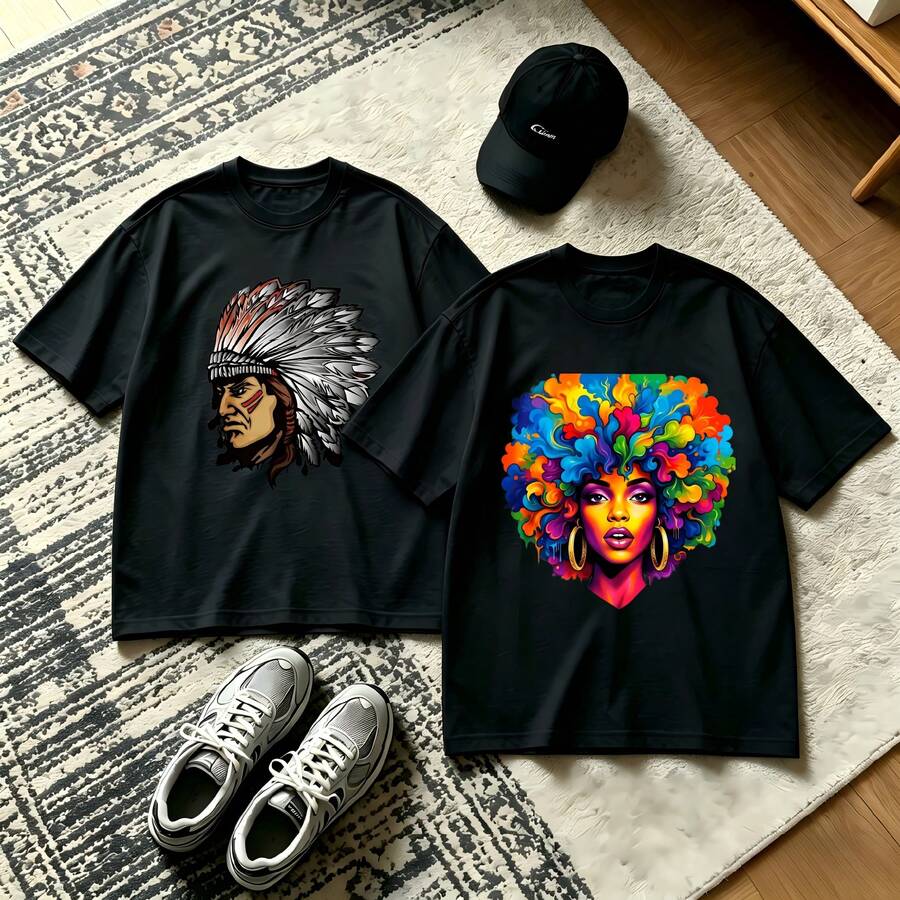 2-Piece Couple Matching Pattern T-Shirt, 100% Cotton, Loose Fit, Soft And Breathable, Casual Round Neck Short Sleeved Top Man Drinking Coffee Woman Holding Milkshake Versatile Patterns No Picky Combinations Coordinated Dating Casual Travel Simple And Cartoonish Printing Styles High - 黑色 - 查看 1