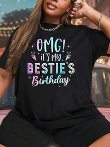 Women's Plus Size Soft Fabric T-Shirt, Loose Fit Birthday T-Shirt For Women - Funny Letter Print And Balloon Confetti With The Phrase "Oh My Gosh! It's My Best Friend's Birthday" - Black With Blue And Pink Lettering - Casual Short-Sleeve Crew Neck T-Shirt, Perfect As A Gift For A Best Friend, For Parties And As A Fashionable Casual T-Shirt For Everyday Wear. - 黑色 - 查看 7