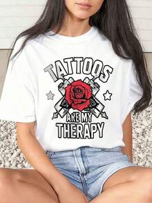 1 Piece Women's T-Shirt With Rose And Tattoo Machine Print, 'Tattoos Are My Therapy' Design, For Carnival And Daily Use, Round Neck, Short Sleeve, Soft And Comfortable, 220g/180g, 100% Cotton - 白色 - 查看 10