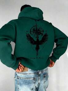 Men's Hoodie, Compass And Wings Print, Loose Fit, With Adjustable Drawstring, Autumn/Winter - 綠色 - 查看 11