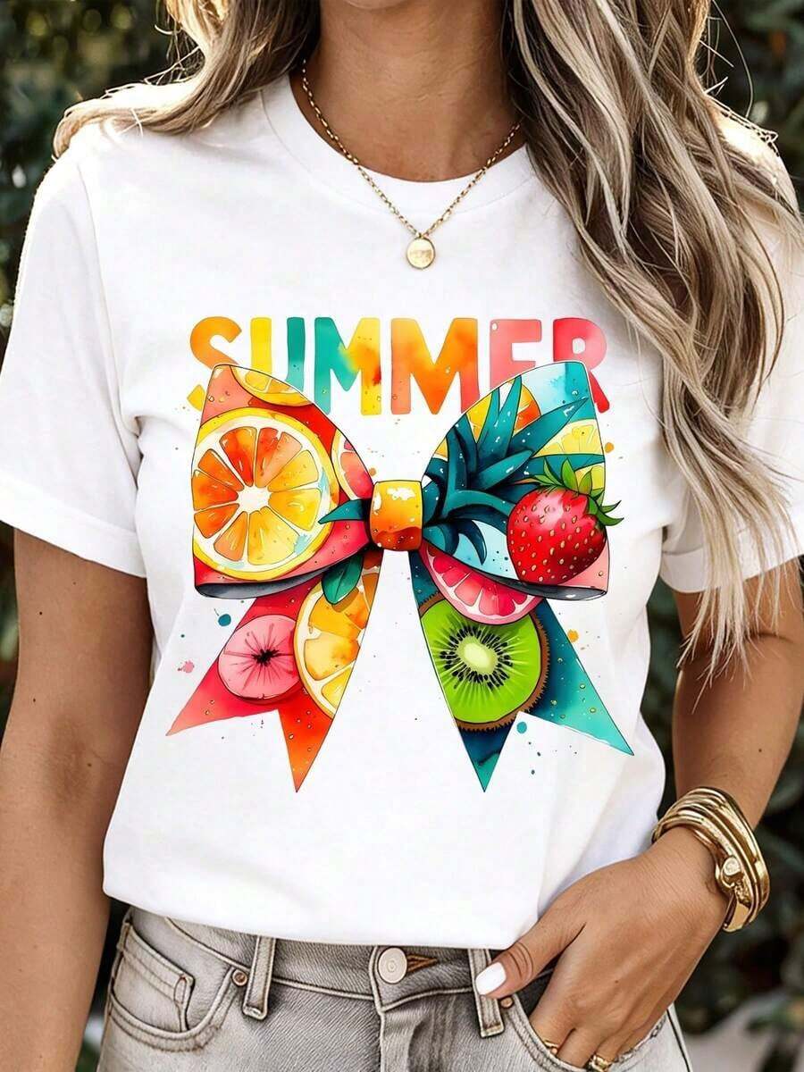 Camiseta de Verano con Estampado de Frutas y Lazo, Color Blanco, Diseño Gráfico de Frutas Tropicales y Texto de Verano para Vacaciones en la Playa, Fiestas, Ropa Casual - Estilo Vintage Urbano, Unisex, de Algodón, Manga Corta, Cuello Redondo, Corte Holgado - Blanco - Ver 1