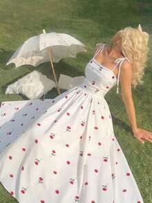 MOD Vestido midi con volantes y decoración de rosa roja con lazo - Romántico y soñador, para fiesta de té en el jardín, cita, fiesta, vestido de verano y primavera para mujer, ropa de playa, vacaciones de primavera, picnic, festival, atuendo de cumpleaños - Verde - Ver 10