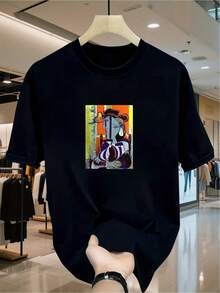 Men's Custom T-Shirt With A Picasso Portrait Print, Casual Sports T-Shirt, Suitable For Valentine's Day, Christmas, Easter, Independence Day - Unisex Cotton Loose Fit Short Sleeve Crew Neck Urban Vintage Style T-Shirt. - 黑色 - 查看 2