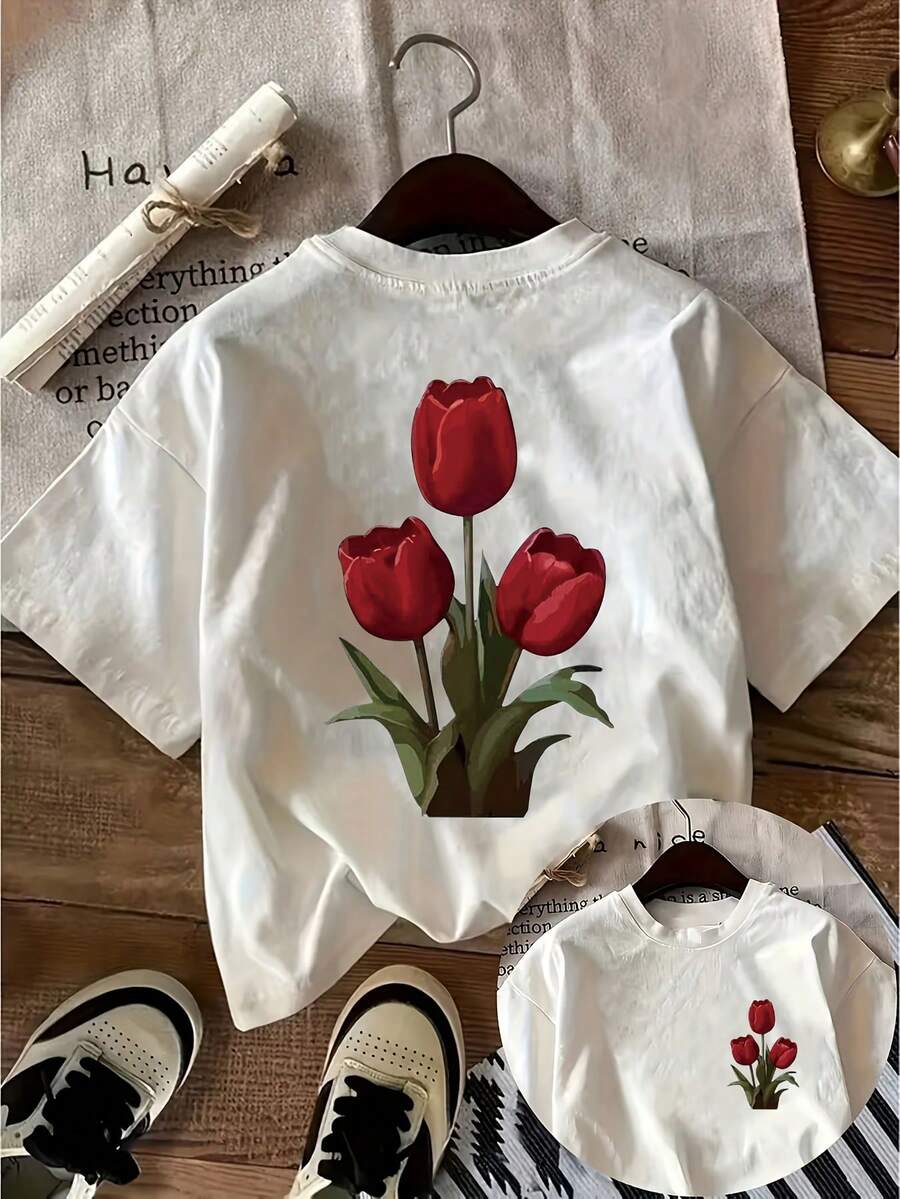 Red Tulip - Camiseta unisex de algodón holgada de manga corta y cuello redondo estilo vintage para mujer. blusas.blusas casuales para dama. - Blanco - Ver 1