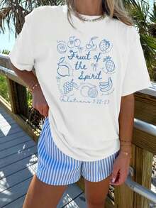 Women's Casual T-Shirt 'Fruit Spirit' - Short Sleeve, Round Neck, Lightweight, For Summer And Spring, With Vibrant Fruit Illustrations, Beach Theme Design, Beachwear | Vivid Print Top | Comfortable Fit, Women's Beachwear, 180g Polyester T-Shirt, 100% Cotton, Durable. - 白色 - 查看 2