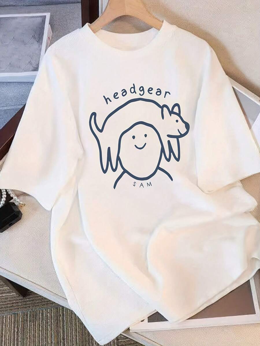 Women's Custom Pure Cotton Short-Sleeved T-Shirt, Exclusive Design, Printed, Minimalist Casual Style, New Summer Style, Loose Fit, Fitted Top For Students, Unisex Urban Vintage Style Cotton Loose Fit Round Neck Short-Sleeved T-Shirt For Women. - 白色 - 查看 1