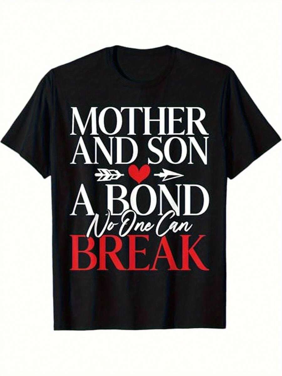 T-Shirt For Mother And Son: An Unbreakable Bond, Round Neck, Made Of 100%, Short Sleeves, Suitable For Men And Women, Family Gift, Humorous Design, Regular Fit, Comfortable Stretch Fabric, Ideal For All Seasons - 黑色 - 查看 1