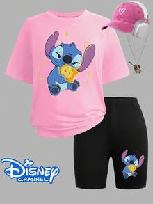 Disney Collaboration,Disney Stitch 2 Piece Outfit, Women's Lilo & Stitch T-Shirt And Biker Shorts Set, Casual Summer Tracksuit,Teacher Appreciation Gifts,4th Of July,Disney Kids - Pink - View 2