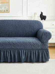 1pc Blue-Gray Plush Jacquard Ruffled Elastic Sofa Cover, Dust-Proof And Dirt-Resistant, Stretch Full Coverage Sofa Protector, Home Decor, Machine Washable, Pillow Cover Not Included - Teal Blue - View 7