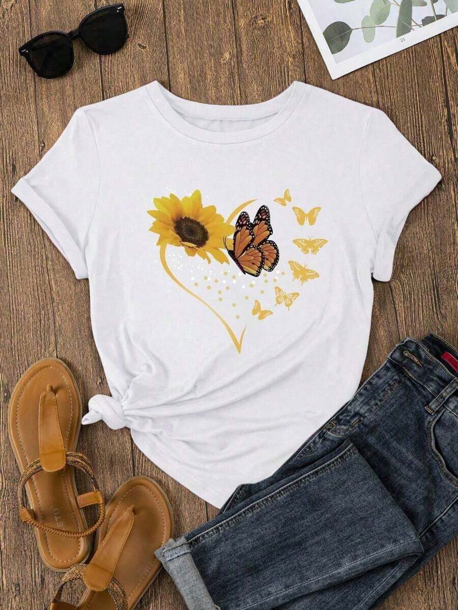 Camiseta con Estampado de Girasol y Mariposa Bohemio, Camisetas Gráficas para Mujer, Tops de Algodón - Blanco - Ver 1