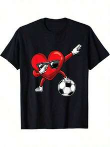 Oversized T-Shirt With Dabbing Heart Design, Valentine's Day Gift For Boys, Football, 100% Cotton, For Men, Mom, Dad And Friends, Black, 180g - 黑色 - 查看 1