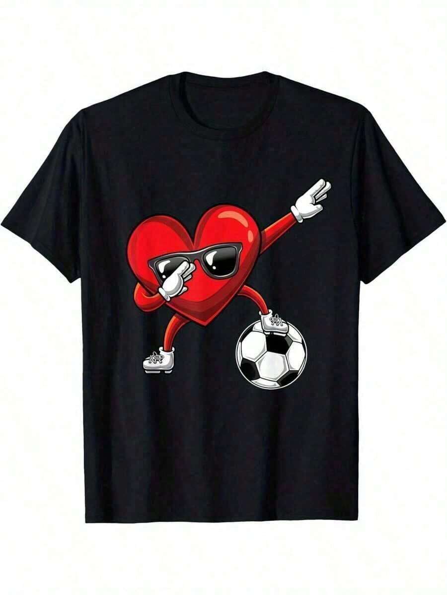 Oversized T-Shirt With Dabbing Heart Design, Valentine's Day Gift For Boys, Football, 100% Cotton, For Men, Mom, Dad And Friends, Black, 180g - 黑色 - 查看 1