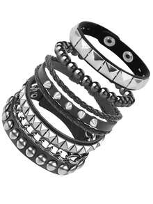 Bộ 4 vòng tay phong cách Punk Rock, vòng tay da đính gai, kiểu dáng thập niên 80, chất liệu da PU, trang sức thời trang Gothic cho Halloween dành cho nam và nữ. - màu đen - Xem 9