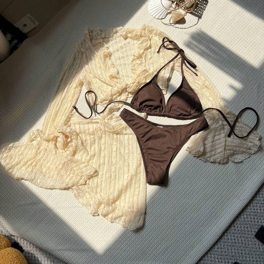 New Sexy Four-Piece Lace And Mesh Bikini. - Apricot - View 1
