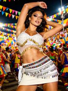 Carnival Festival Coin-Embellished Halter Crop Top With Multi-Layer Coin Hip Wrap For Parade, Rave & Themed Party (Available In Multiple Colors) - Multicolor - View 9