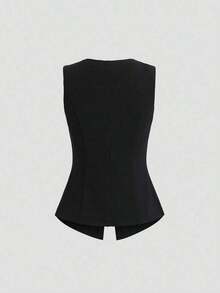 2026 Tall Women's Minimalist Basic Sleeveless Top With Large French Style Metal Buttons - 黑色 - 查看 2