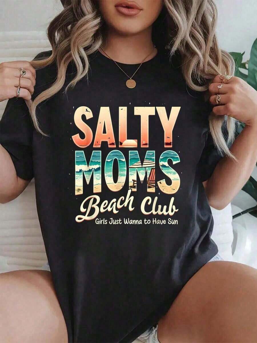 Women's Salty Moms Beach Club Retro Coastal Summer Vibes 100% Cotton Graphic Print T-Shirt, Short Sleeve Casual Summer Top - 黑色 - 查看 1