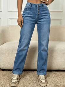 Women's Mid-Rise Straight Leg Non-Stretch Denim Jeans, Loose Casual Multi-Button Closure Jeans - 淺色水洗藍 - 查看 4