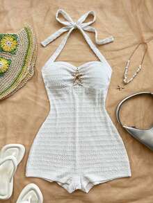 Mono de textura de unicolor con lazo de atar en el cuello para vacaciones, para fiesta en la playa - Blanco - Ver 3