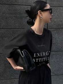 Camiseta suelta de cuello redondo con estampado de letras de manga corta para mujer "Keep Smiling ENERGY ATTITUDE See The Good Time For You", camiseta de verano oversize con gráficos-Vintage Street Style Unisexoose Cotton Short Sleeve Crew Neck T-Shirt - Negro - Ver 1