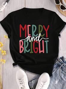 1 Women's And Unisex Bright Festive Christmas T-Shirt - Short Sleeve Crew Neck T-Shirt, Soft And Breathable, With Red/Green/Teal Christmas Prints - Lightweight Casual Top, Suitable For Christmas Parties, Family Gatherings And Summer Wear (Machine Washable) 180g 100% Cotton - 黑色 - 查看 1