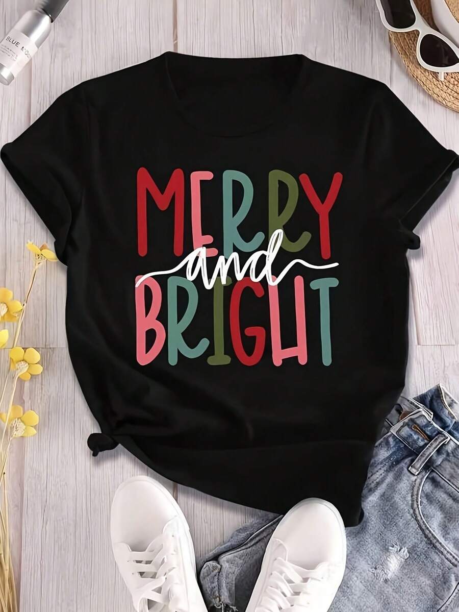 1 Women's And Unisex Bright Festive Christmas T-Shirt - Short Sleeve Crew Neck T-Shirt, Soft And Breathable, With Red/Green/Teal Christmas Prints - Lightweight Casual Top, Suitable For Christmas Parties, Family Gatherings And Summer Wear (Machine Washable) 180g 100% Cotton - 黑色 - 查看 1