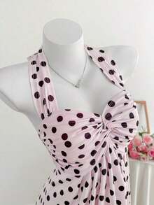 Top de tirantes con estampado de lunares marrones y detalle de nudo en la espalda para mujer, adecuado para verano, vacaciones de primavera, ceremonia de graduación, fiesta de boda, vacaciones elegantes, playa casual, estilo Y2K lindo y sexy y - Rosa - Ver 7